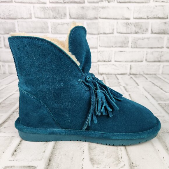Bearpaw Christie Women's Sz 7 Teal Blue Suede Wool Sheepskin Footbed Ankle Boots - Picture 6 of 12